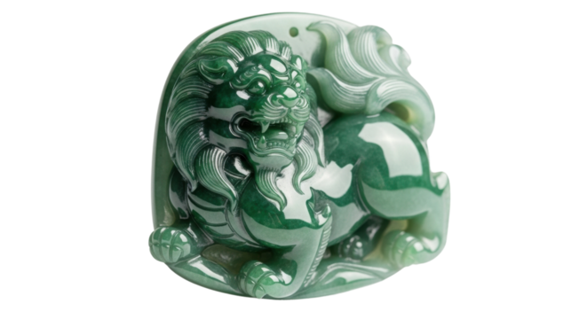 Intricate jade chinese lion figurine with green marble patterns
