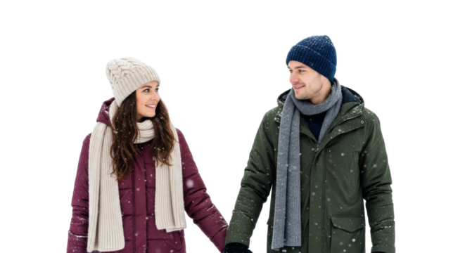 Caucasian young couple enjoying snowy winter walk together