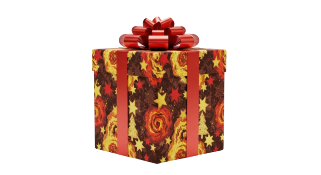 Decorative gift box with red bow and festive design featuring stars and swirls - Powered by Adobe