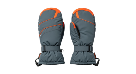 Gray and orange insulated mittens with adjustable strap