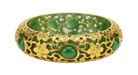Intricate gold and green jade floral bangle bracelet with ornate detailing