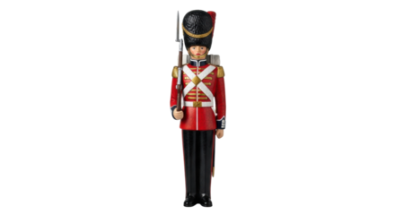 Traditional british royal guard toy soldier with red uniform and black bearskin hat