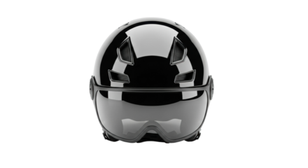 Front view of sleek black motorcycle helmet with visor and vents