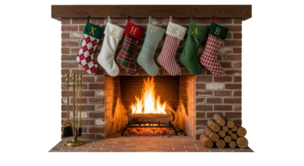 Cozy fireplace with christmas stockings hanging on brick mantel