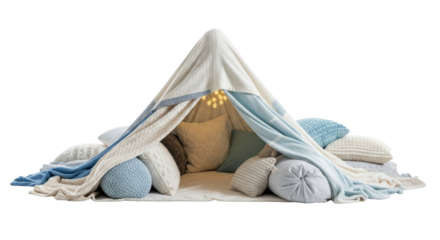 Cozy indoor blanket fort with cushions and soft lighting