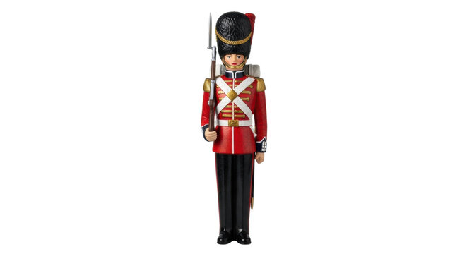 Traditional british royal guard toy soldier with red uniform and black bearskin hat