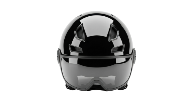 Front view of sleek black motorcycle helmet with visor and vents