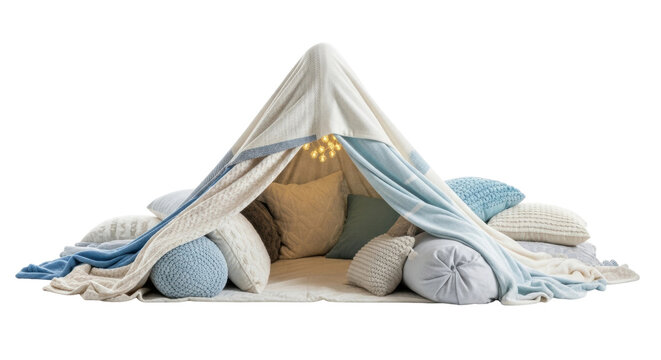 Cozy indoor blanket fort with cushions and soft lighting