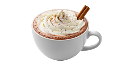 Creamy hot chocolate in white mug with cinnamon stick and whipped cream topping