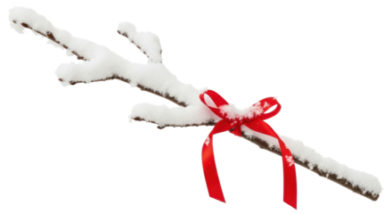 Snow-covered branch with red ribbon on black background