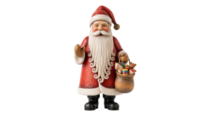 Santa claus figurine holding sack of toys in red suit and white beard
