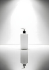 A minimalist white pump bottle with a silver dispenser sits on a reflective surface, illuminated by a spotlight.
