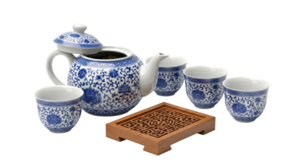 Traditional blue and white porcelain tea set with teapot and cups