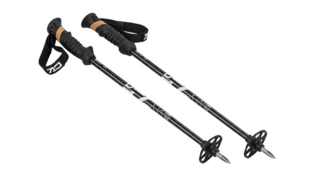 Sleek black trekking poles with ergonomic grips and adjustable straps