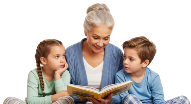 Elderly caucasian woman reading to young children