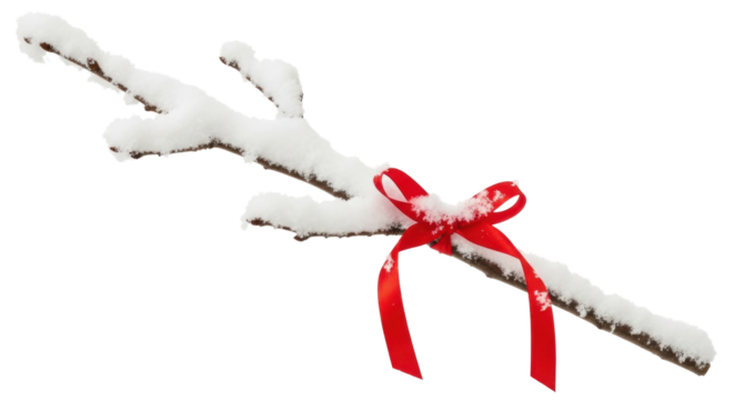 Snow-covered branch with red ribbon on black background