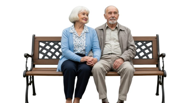 Elderly caucasian couple sitting on bench sharing a moment together