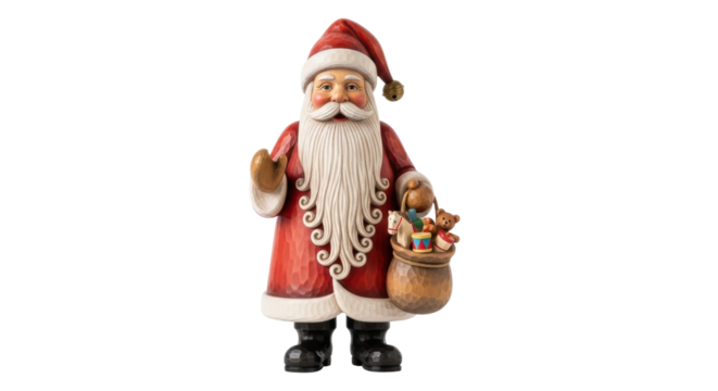 Santa claus figurine holding sack of toys in red suit and white beard