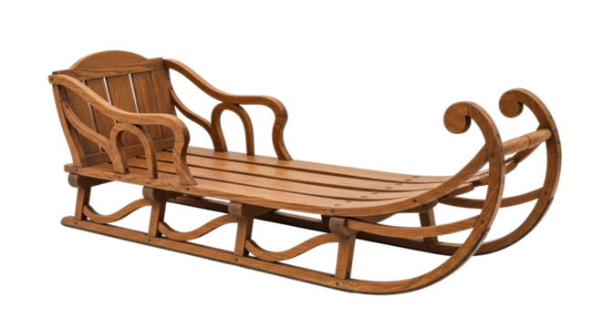 Vintage wooden sleigh with curved rocker design and armrest details