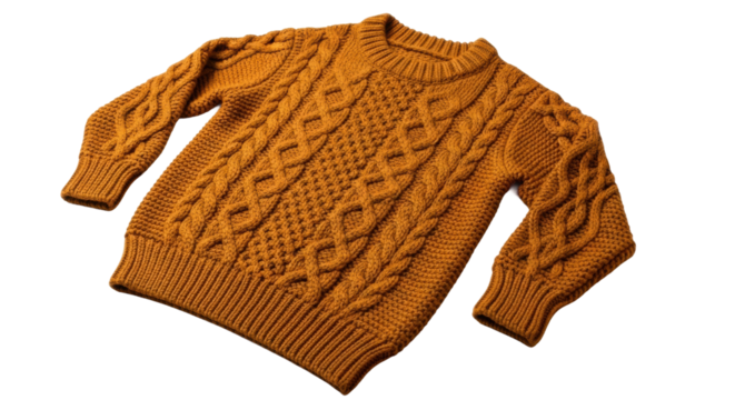 Cozy orange cable knit sweater with intricate patterns