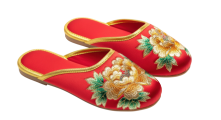 Red embroidered floral slippers with gold trim on black background