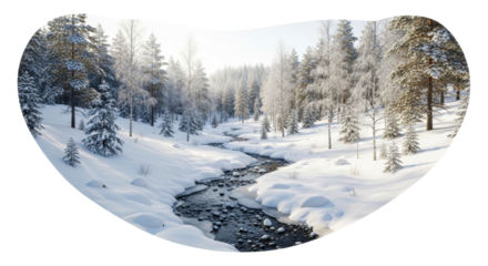 Snowy winter landscape with serene river flowing through forest