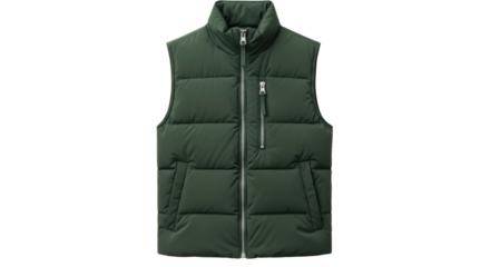 Green puffer vest with zippered pockets and high collar