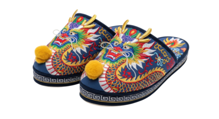 Colorful embroidered dragon slippers with pom-poms on black background