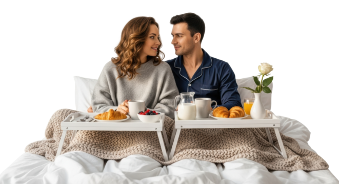 Caucasian couple enjoying breakfast in bed with croissants and coffee on a cozy morning - Powered by Adobe