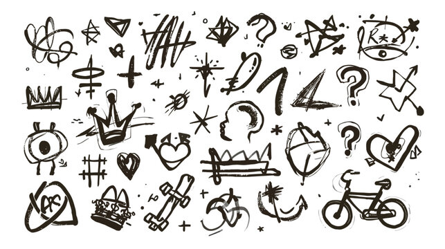 Collection of hand-drawn graffiti elements, including crowns, hearts, stars, and question marks.