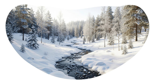 Snowy winter landscape with serene river flowing through forest