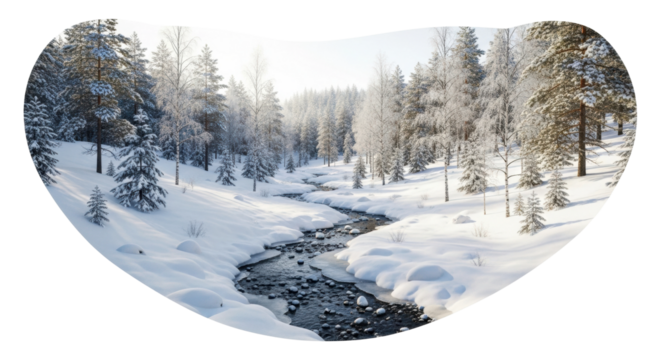 Snowy winter landscape with serene river flowing through forest - Powered by Adobe