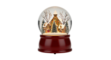 Festive snow globe with winter village scene and red base