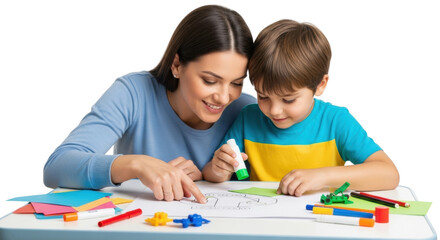Caucasian female adult and caucasian male child engaging in creative art activity together