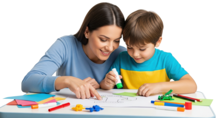 Caucasian female adult and caucasian male child engaging in creative art activity together