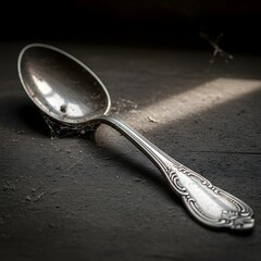 An old, dusty silver spoon lying on a dark surface with a beam of light illuminating it and cobwebs in the background, creating a mysterious and vintage atmosphere