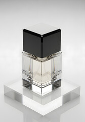Close-up shot of a perfume bottle with a black cap, displayed on a clear square stand.
