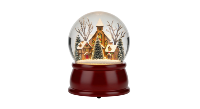 Festive snow globe with winter village scene and red base