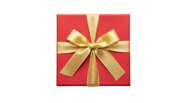 Elegant red gift box with golden ribbon bow on black background
