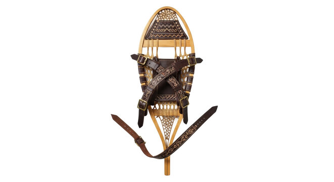 Traditional wooden snowshoe with leather bindings and intricate patterns