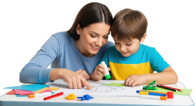 Caucasian female adult and caucasian male child engaging in creative art activity together
