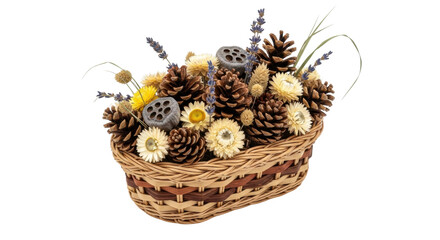 Decorative wicker basket with pine cones and dried flowers
