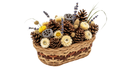 Decorative wicker basket with pine cones and dried flowers