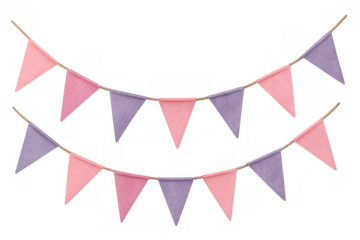 Pink and purple bunting flags creating a festive garland decoration, hanging for birthday parties and celebrations on transparent background