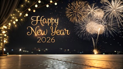 Sparkling new year 2026 fireworks celebration with golden lights and festive atmosphere