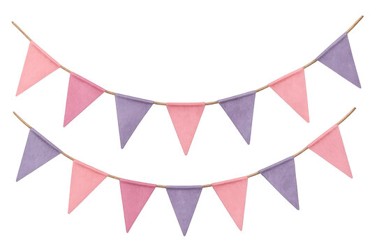 Pink and purple bunting flags creating a festive garland decoration, hanging for birthday parties and celebrations on transparent background