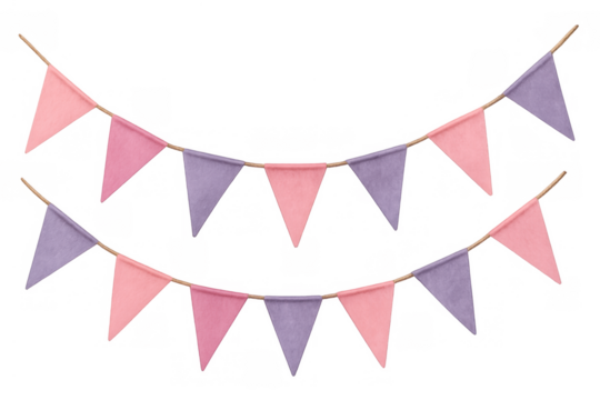 Pink and purple bunting flags creating a festive garland decoration, hanging for birthday parties and celebrations on transparent background