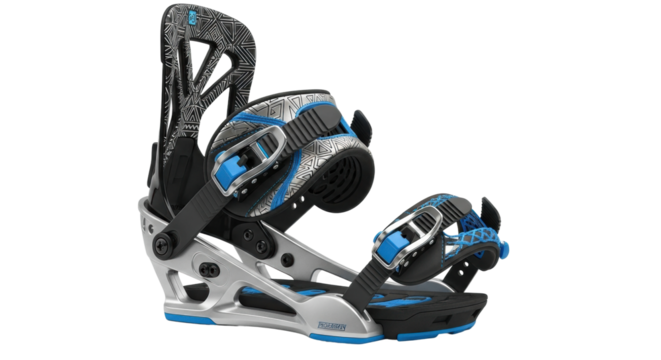Detailed design of black and blue snowboard bindings with metal fasteners