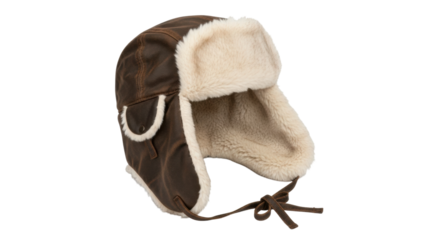 Warm brown aviator hat with white fleece lining and ear flaps