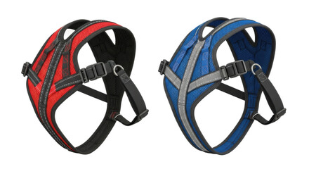 Red and blue dog harnesses with reflective straps and adjustable buckles